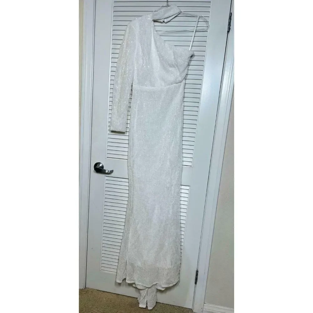 White Sequin Long Sleeve One Shoulder Mock Neck Bodycon Mermaid Maxi Dress NWT - Picture 7 of 8